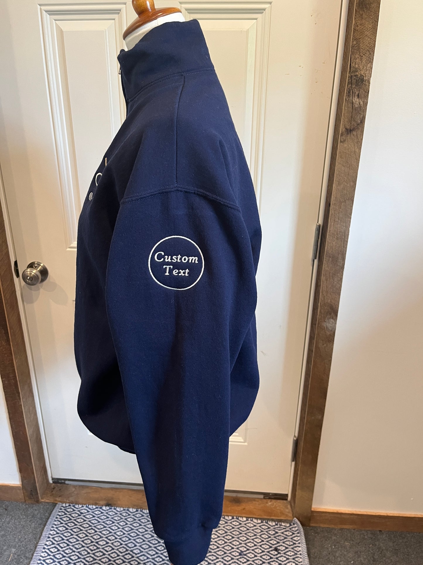 Personalized Upper Arm Quarter Zip Sweatshirt Name Word Phrase on a Sweatshirt