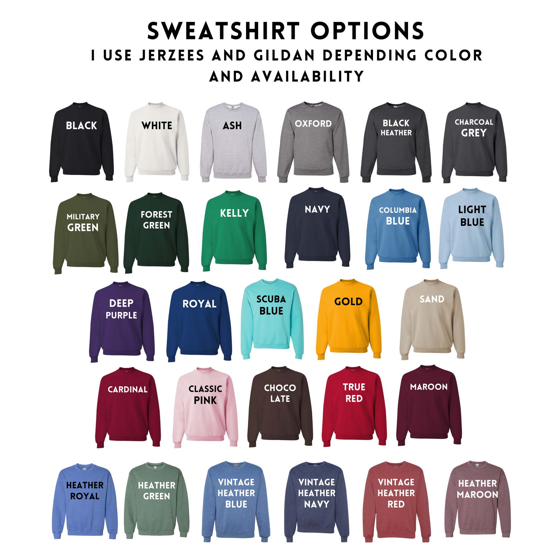 sweatshirt options for different types of sweatshirts