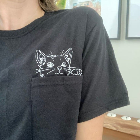 Cat Pocket T-shirt Embroidered