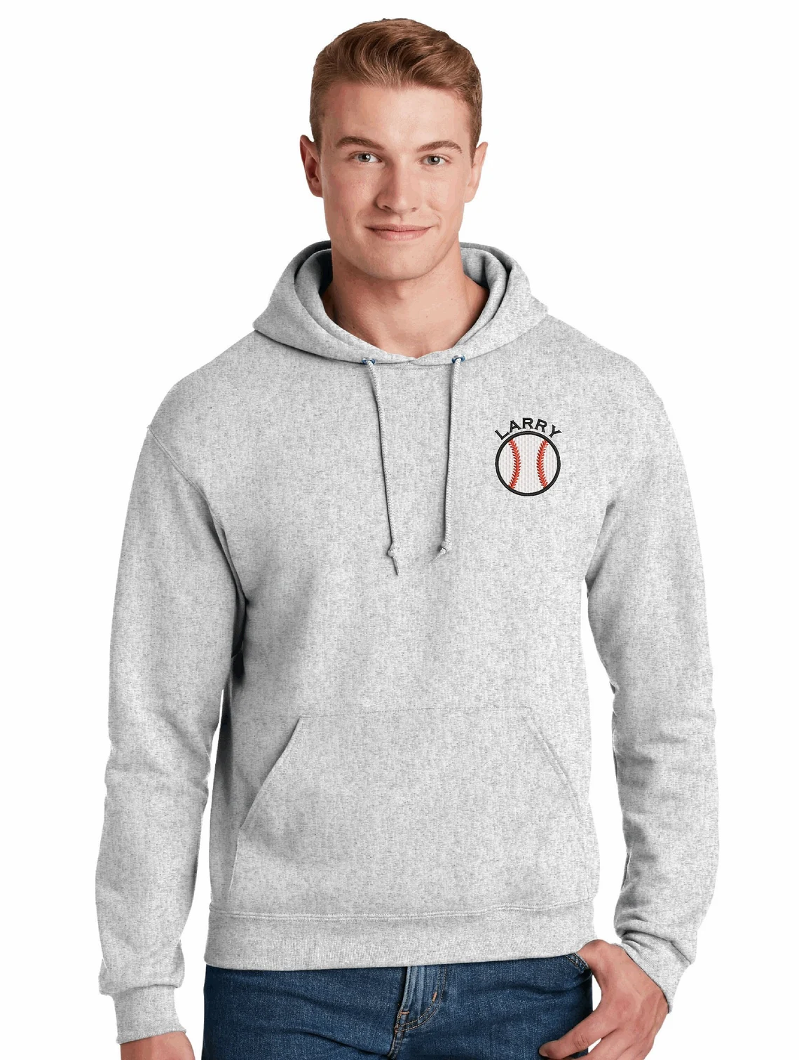 a man wearing a sweatshirt with a baseball on it