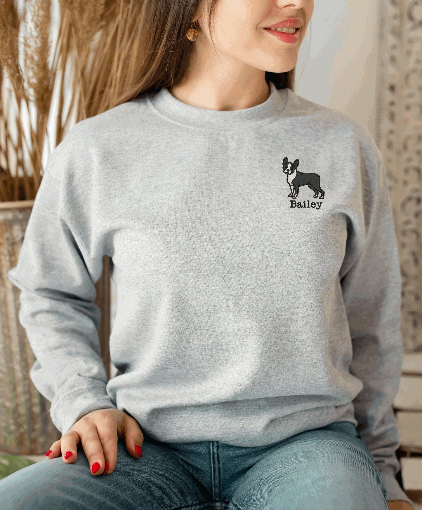 Boston Terrier Sweatshirt Personalized Custom Embroidered With NameDog Pet Sweatshirt